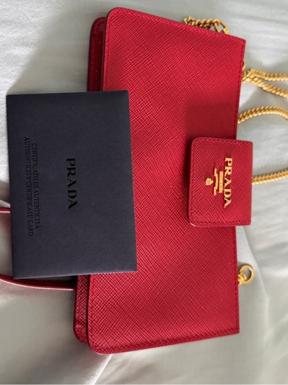 Prada Red Saffiano Crossbody with Gold Chain